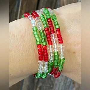 Red Green Clear Christmas Holiday Handmade Large Seed Bead Bracelet Necklace